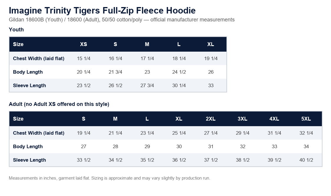 Full-Zip Fleece Hoodie size chart