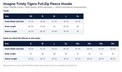 Full-Zip Fleece Hoodie size chart